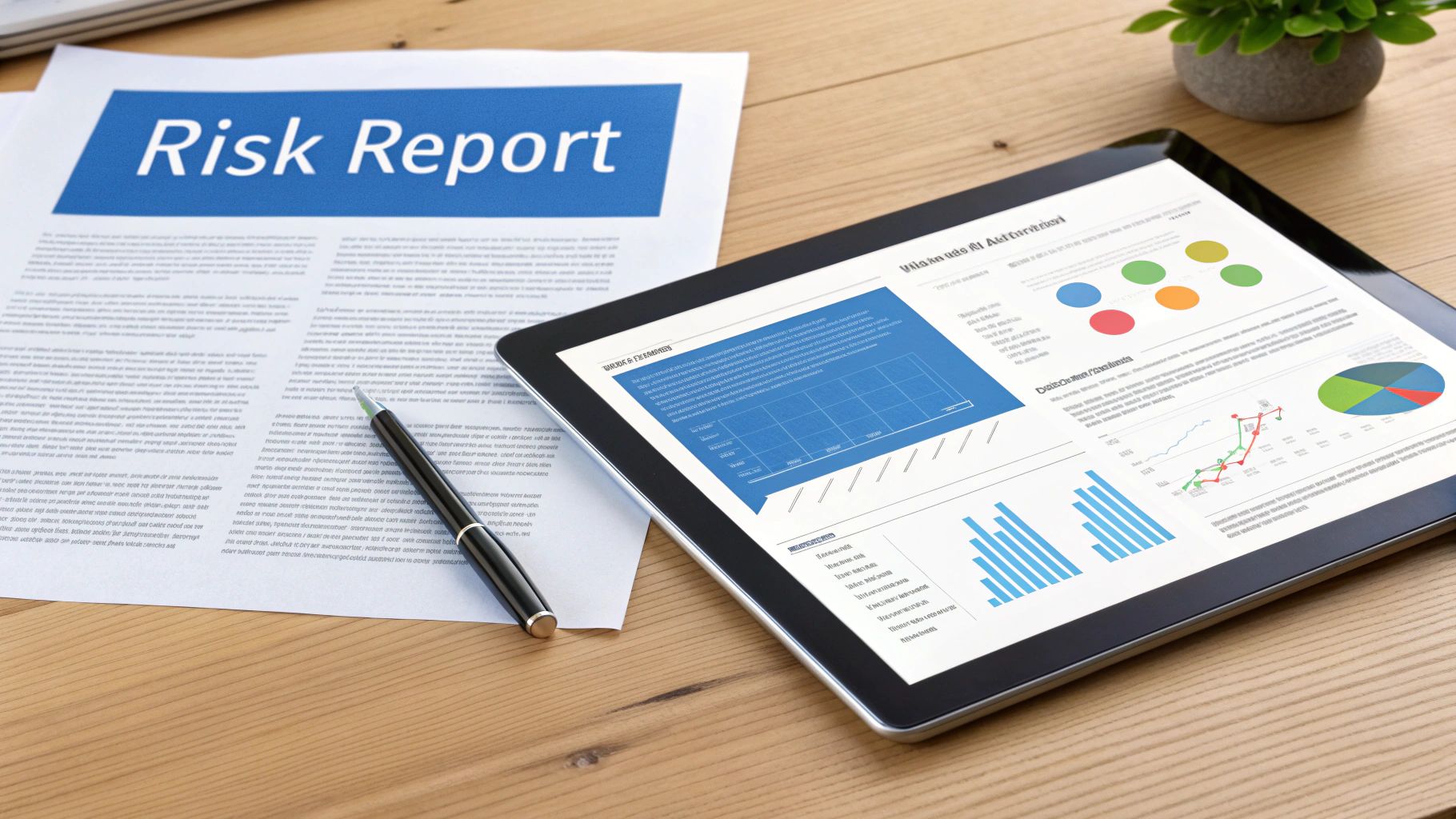 A 'Risk Report' document, a tablet showing data analysis charts, and a pen on a wooden desk.