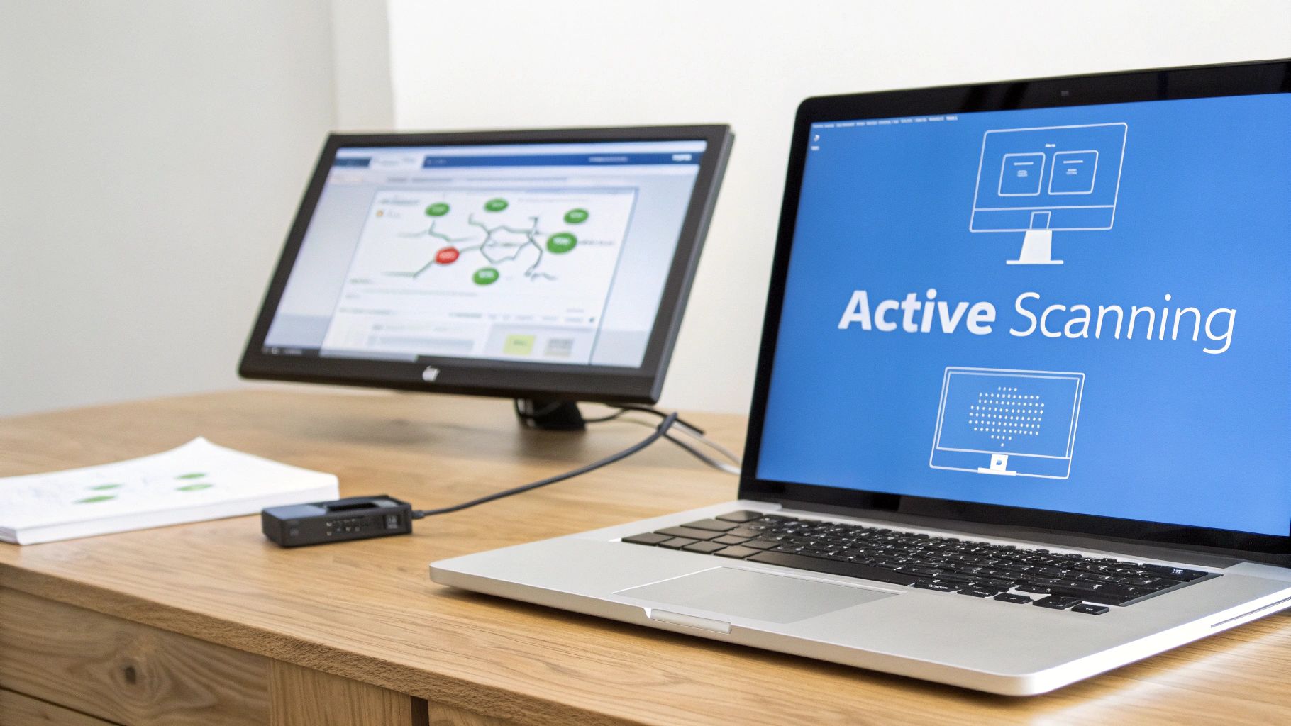 A technical workspace with a laptop displaying "Active Scanning" and an external monitor showing a network diagram.