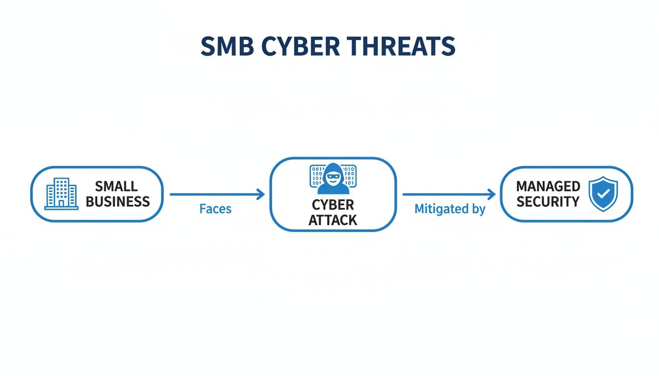 Diagram illustrating how small businesses face cyber attacks mitigated by managed security.