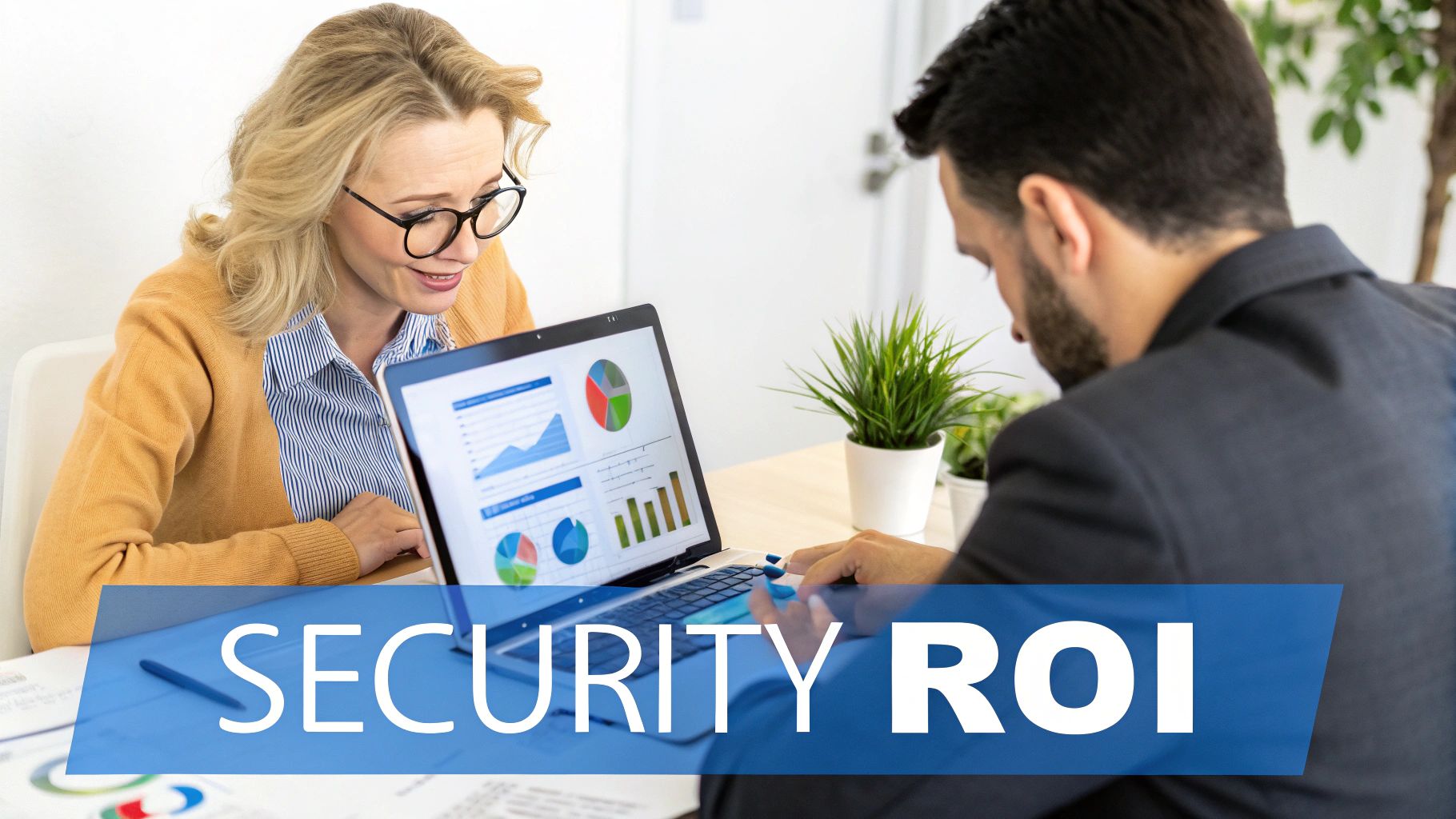 Two business professionals analyzing security ROI data on a laptop during a financial discussion in an office.