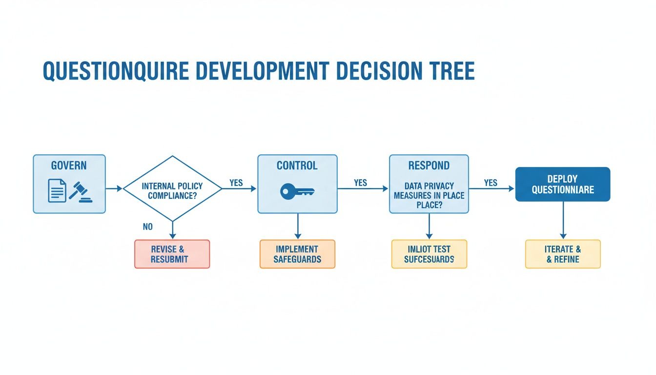 Flowchart illustrating a questionnaire development decision tree process with govern, control, and respond phases.