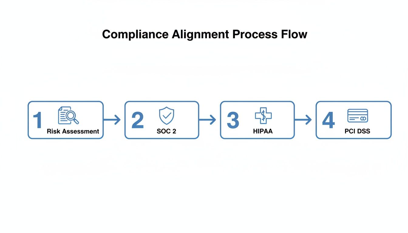 A compliance alignment process flow diagram showing four sequential steps: Risk Assessment, SOC 2, HIPAA, and PCI DSS.