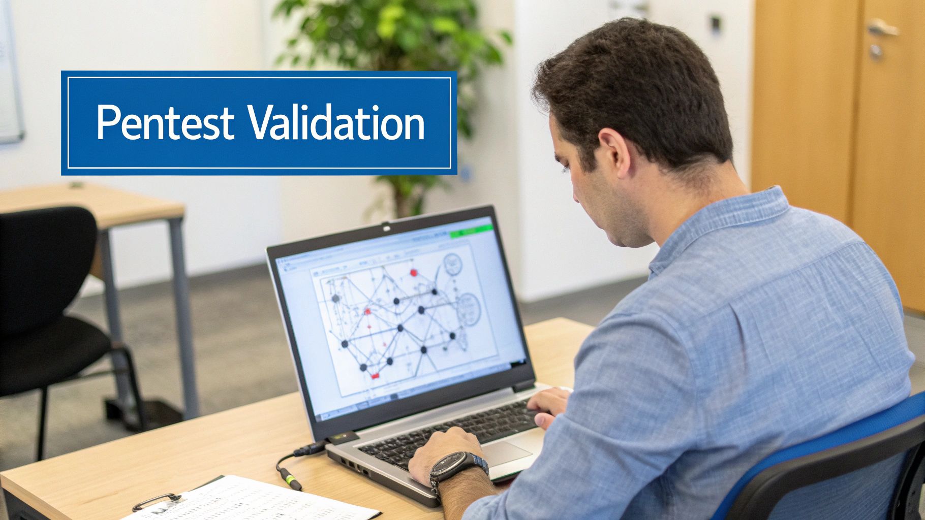 A man focusing on pentest validation on a laptop, showing a complex security diagram.