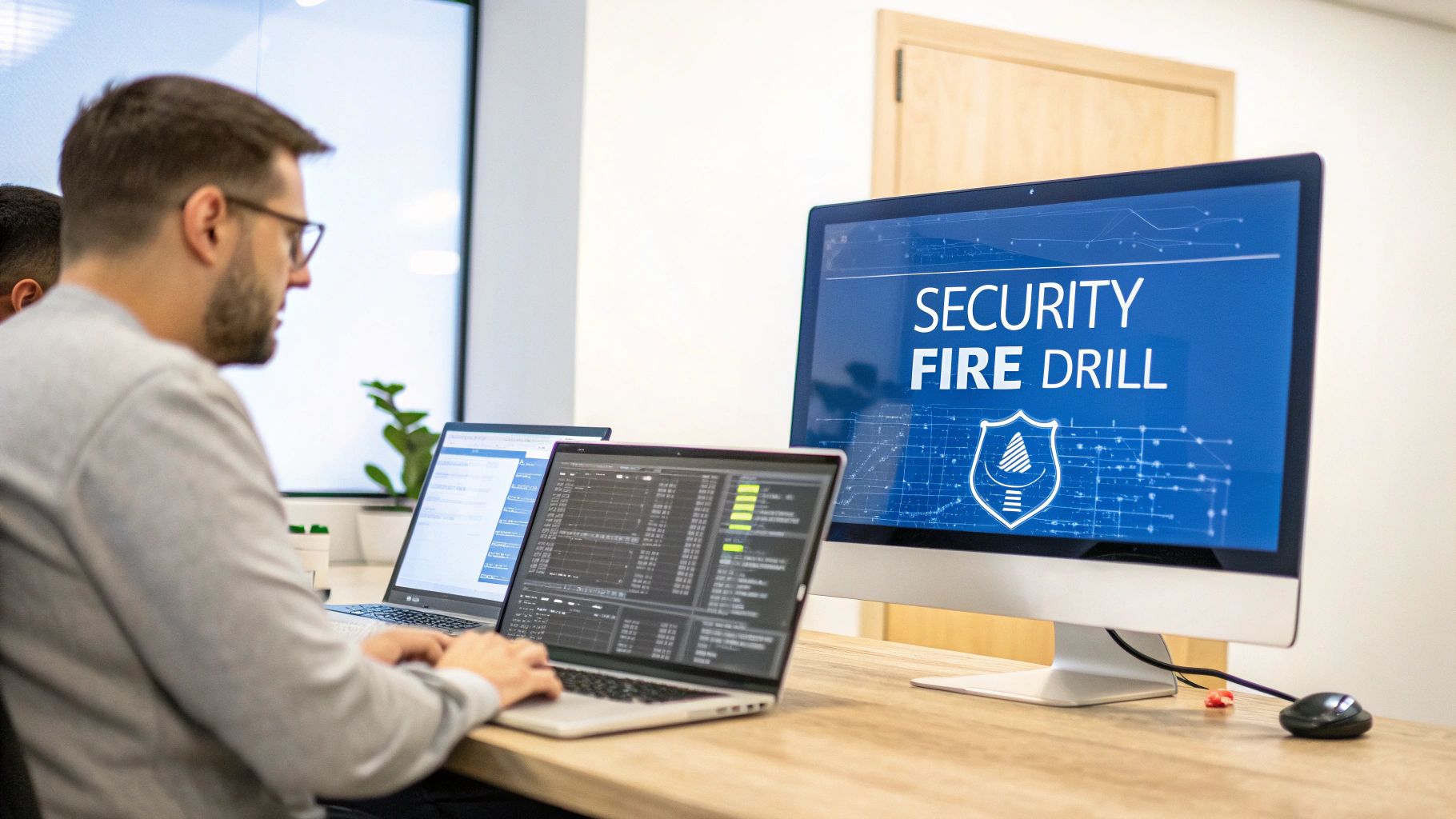 Man in glasses working on two laptops, with a monitor displaying 'SECURITY FIRE DRILL'.