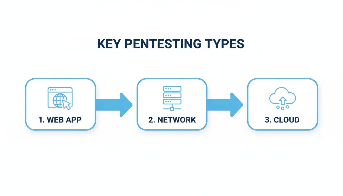 Flowchart showcasing three key penetration testing types: web application, network infrastructure, and cloud security.