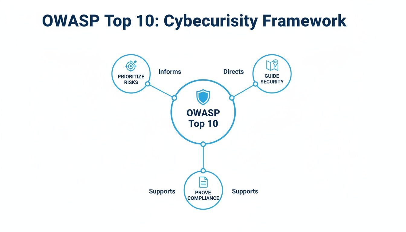 OWASP Top 10 cybersecurity framework illustrating how it informs risk prioritization, guides security, and supports compliance.
