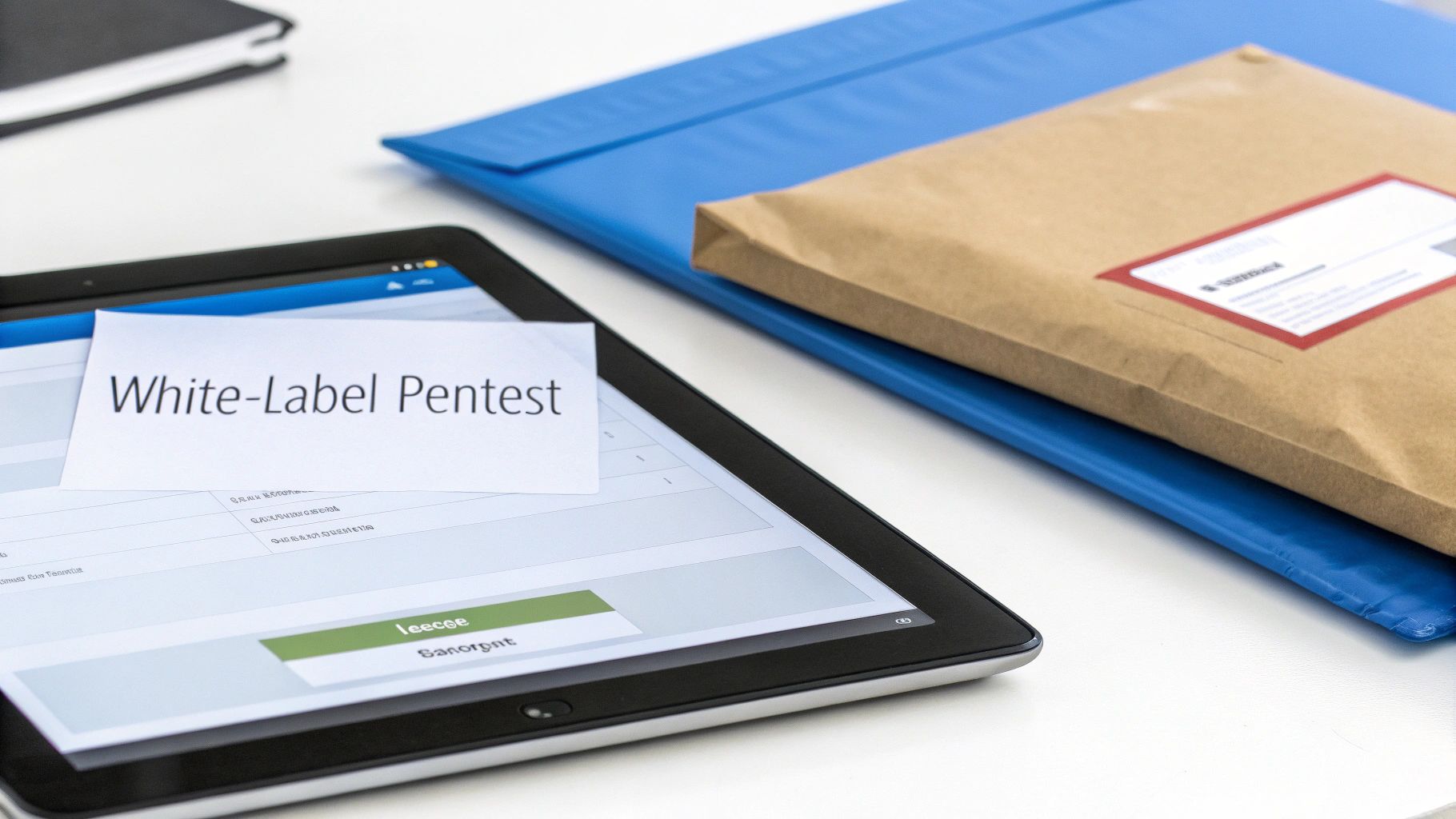 A tablet with 'White-Label Pentest' note on a desk, next to a blue folder and brown envelope.