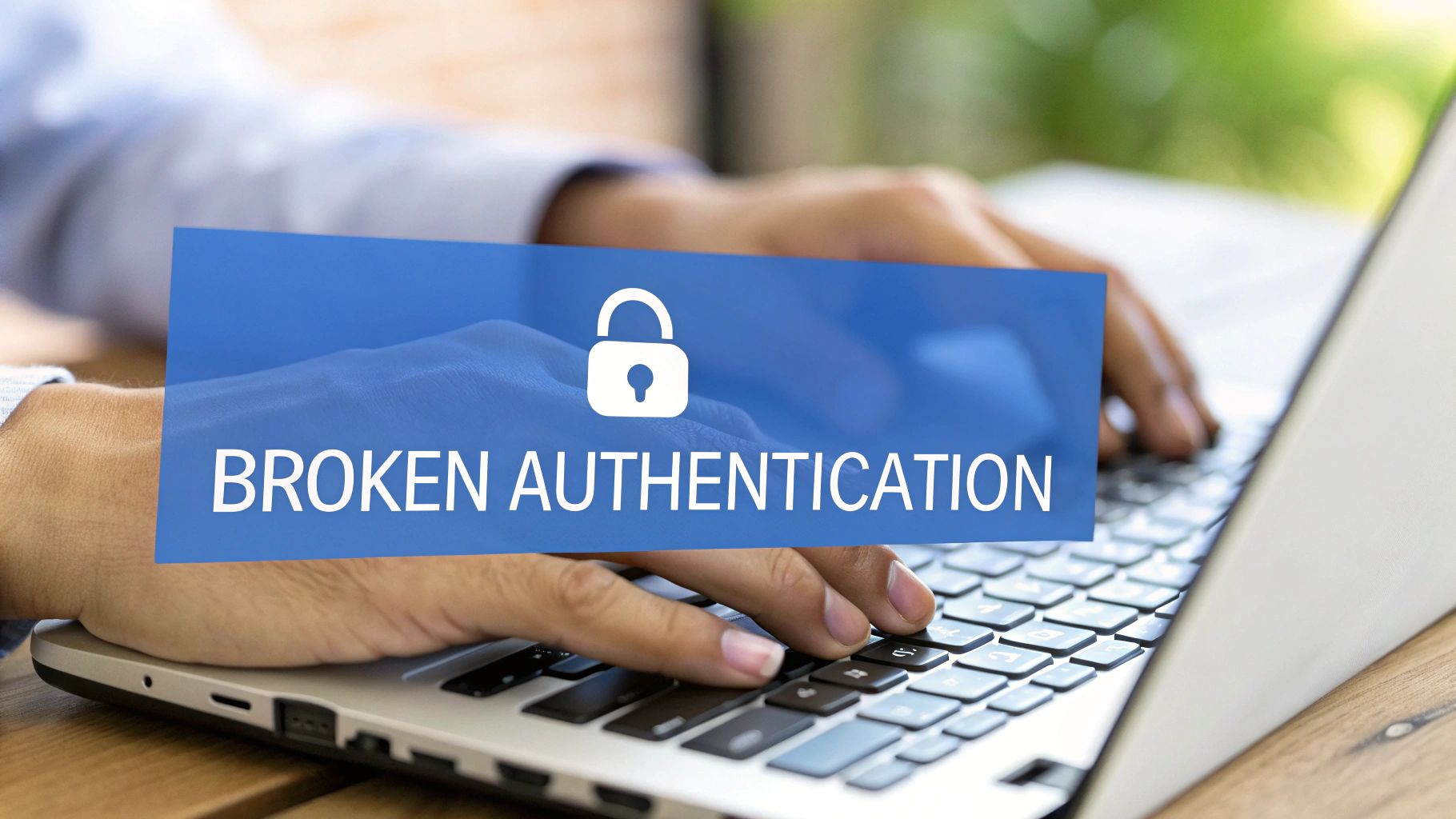 Hands typing on a laptop with a blue banner displaying 'BROKEN AUTHENTICATION' and a padlock icon, indicating a security flaw.