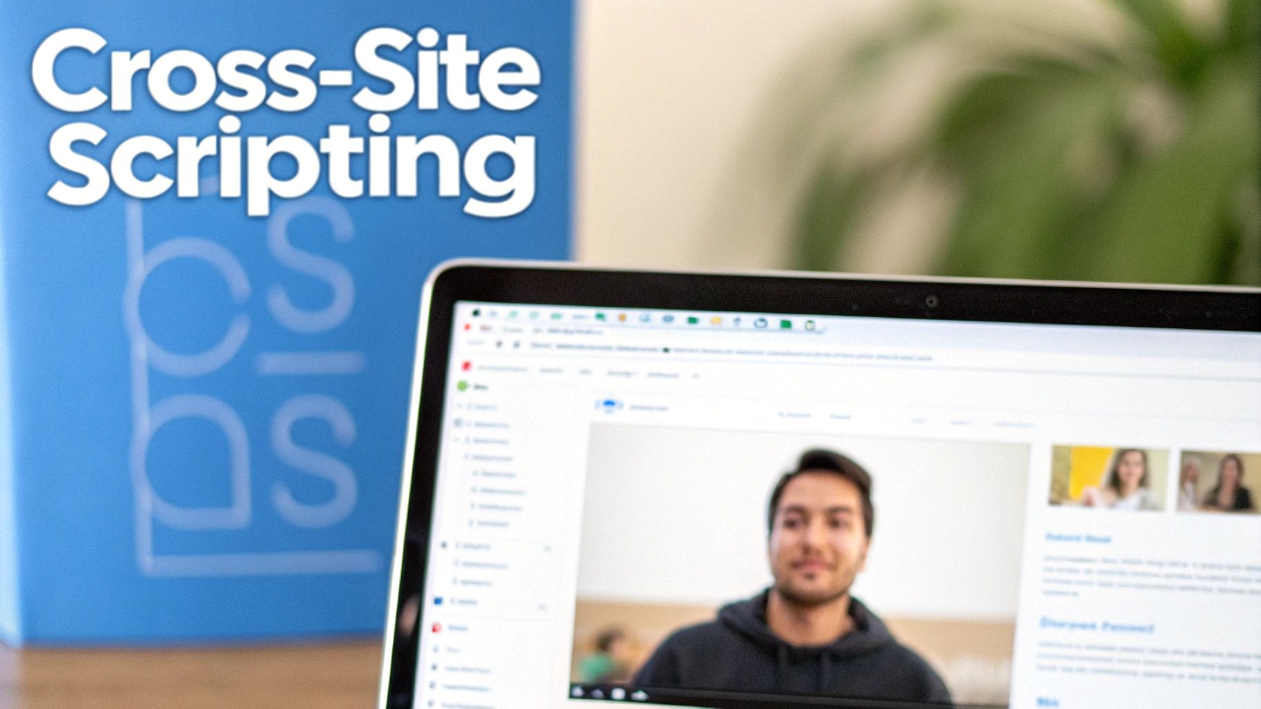 A laptop displays a man on a video call, with a blue background highlighting 'Cross-Site Scripting'.