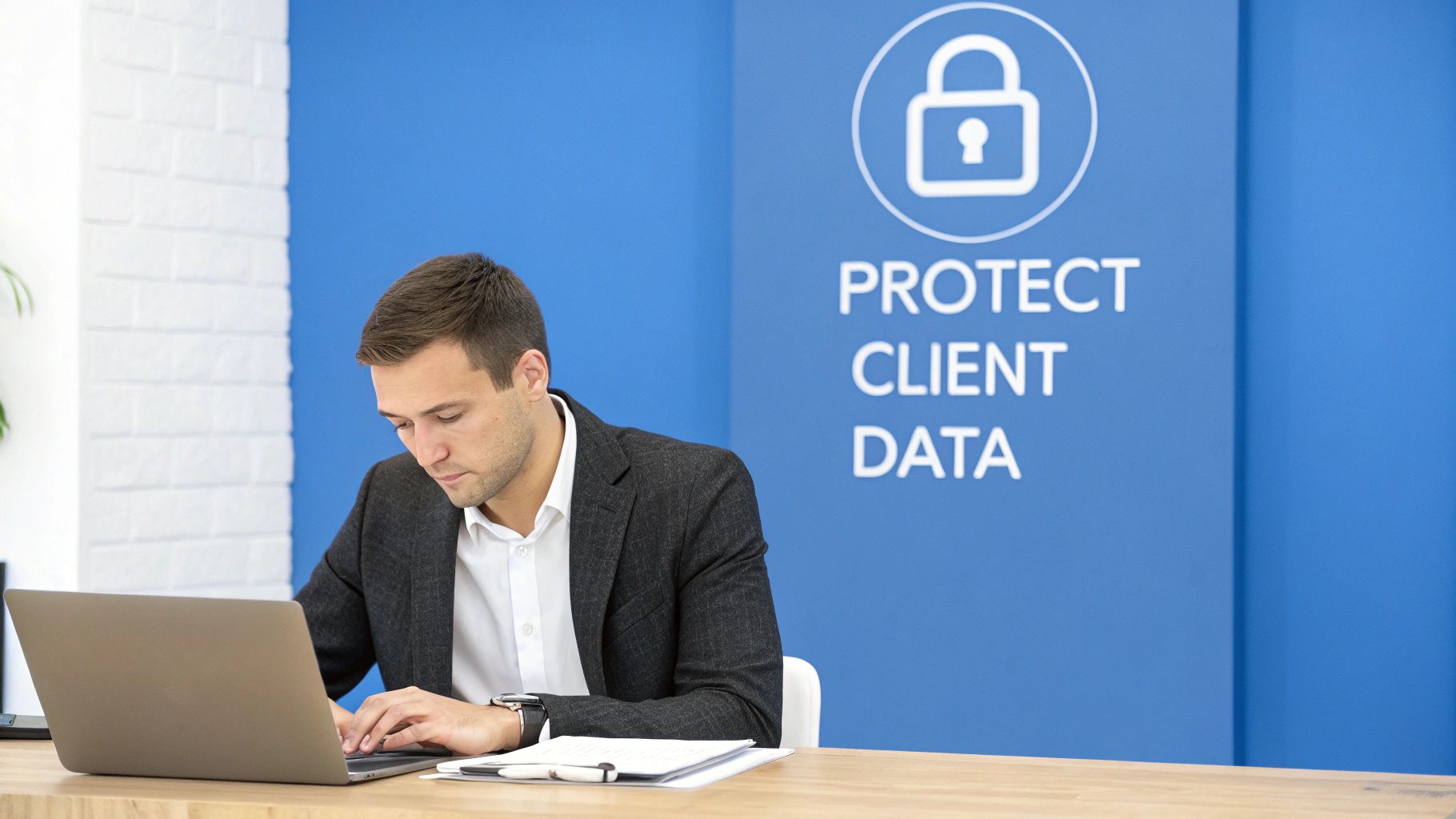 A professional man works on a laptop, with a background sign saying 'Protect Client Data'.