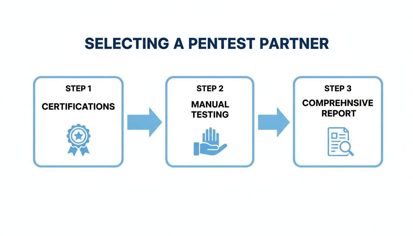 A three-step process for selecting a pentest partner, outlining certifications, manual testing, and comprehensive reporting.