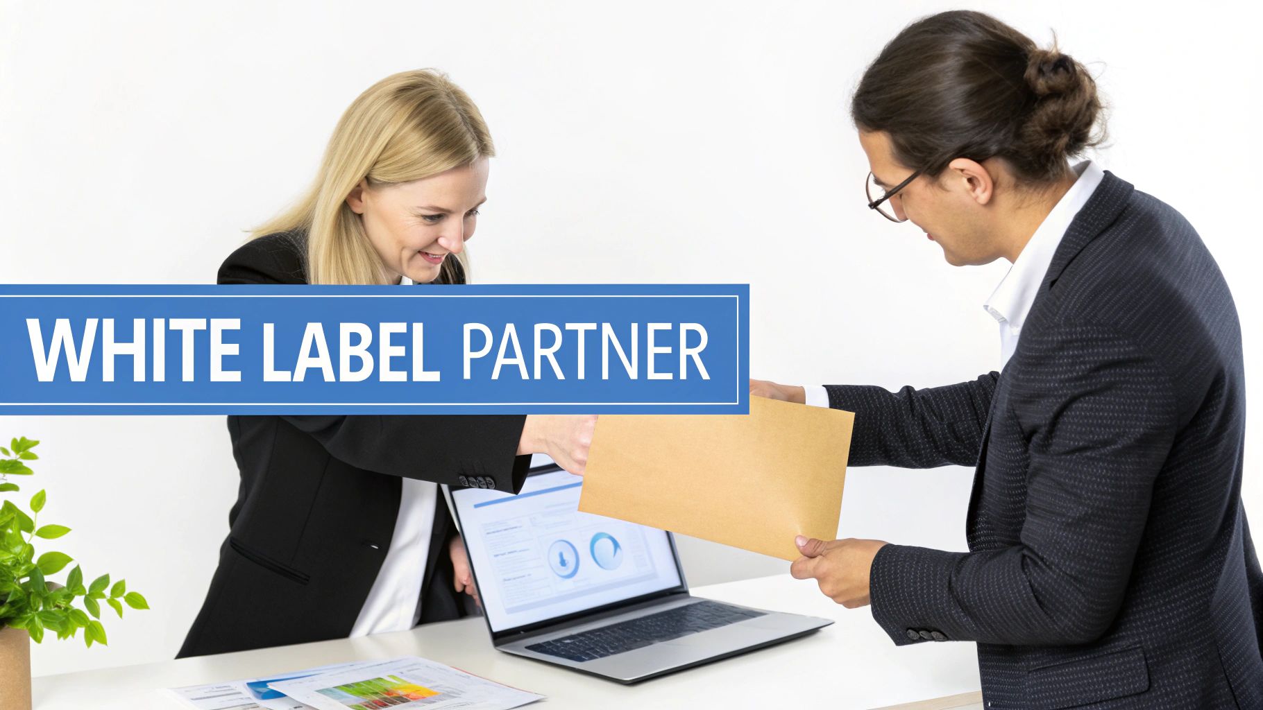 Two business partners shaking hands and exchanging documents over a desk with a laptop, emphasizing a white label partnership.