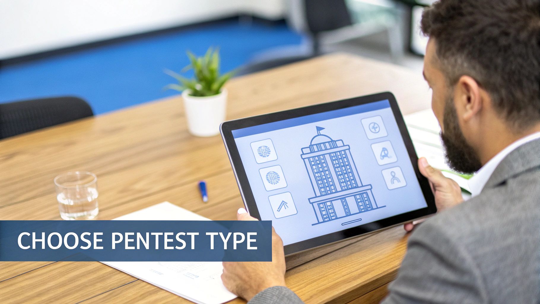 A man uses a tablet to choose a pentest type, displaying a building icon and security-related options.