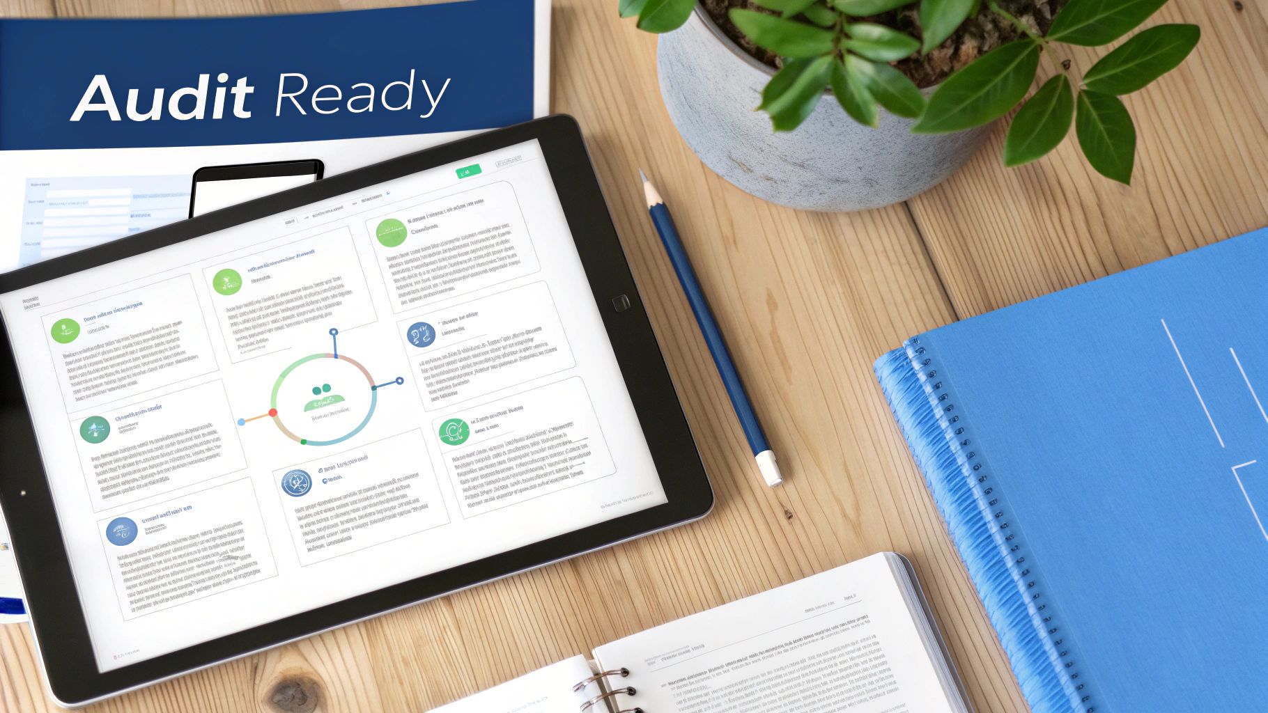 Overhead view of a modern office workspace with a tablet, document titled 'Audit Ready', and office supplies.