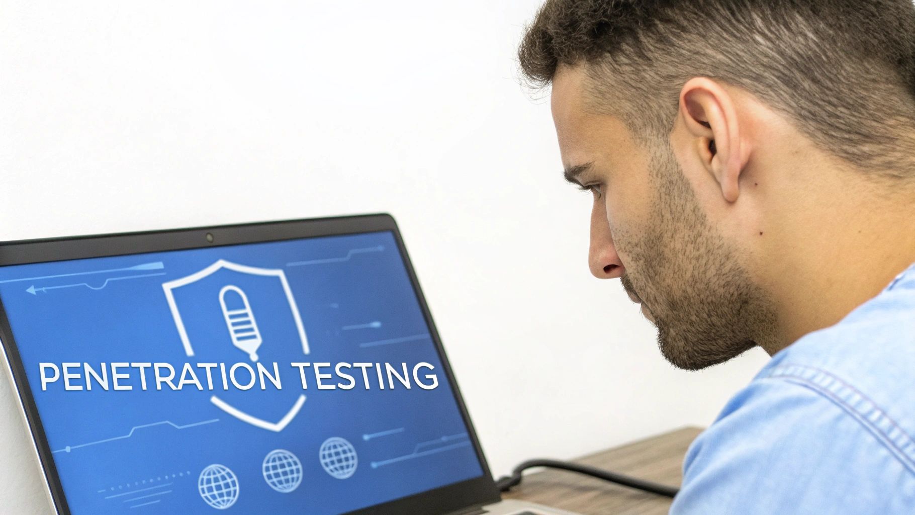 A man views a laptop screen displaying "PENETRATION TESTING" and a shield icon, indicating cybersecurity work.