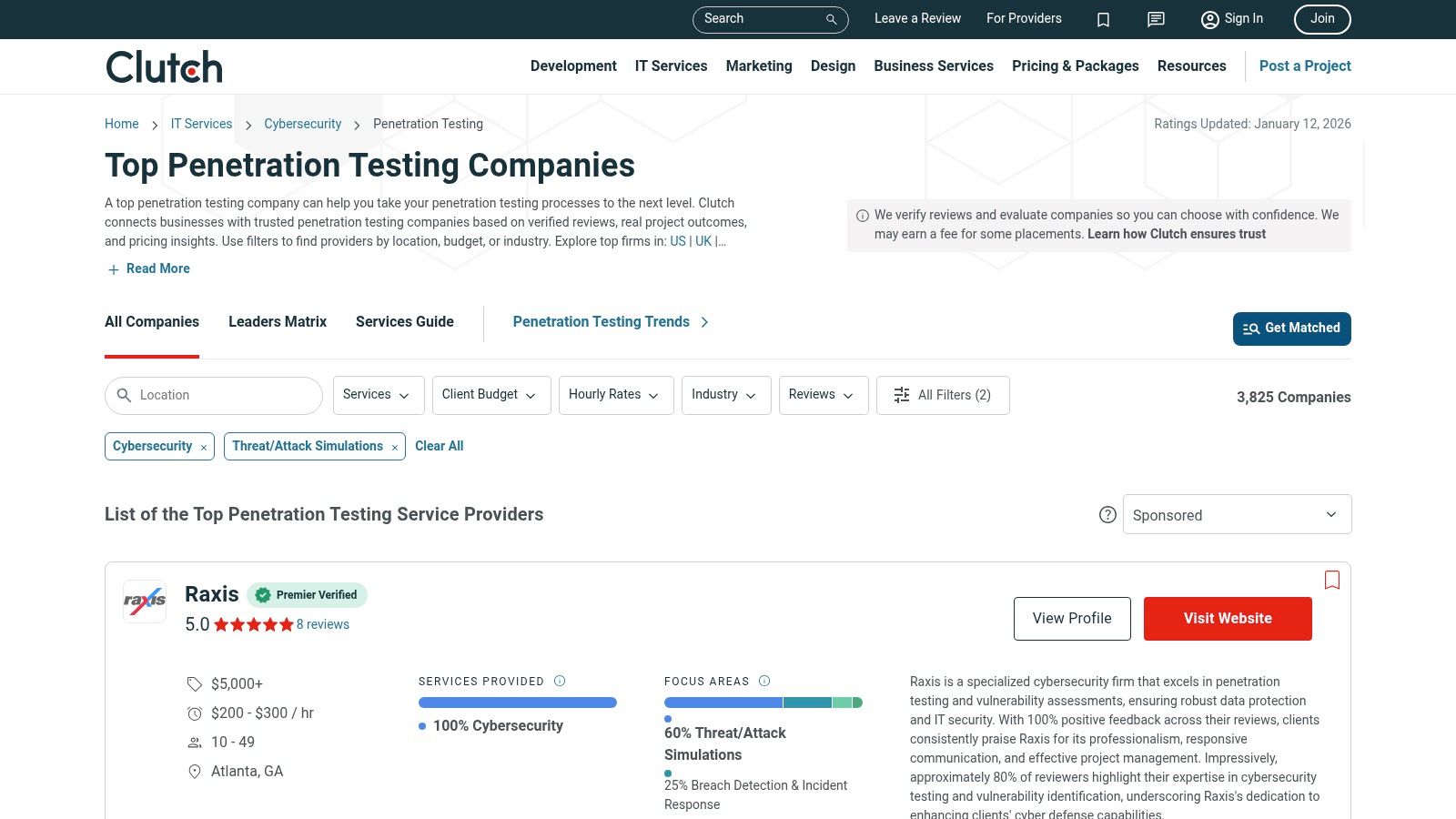 Clutch platform showing a list of penetration testing companies with filters for location, services, and client budget.