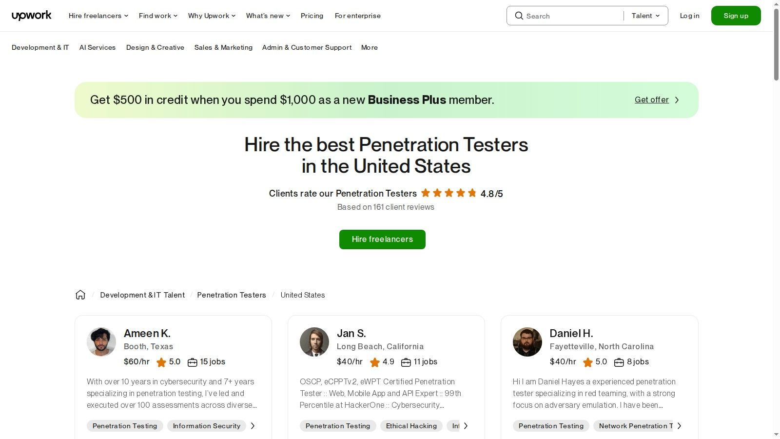 Upwork – Hire Penetration Testers (US)