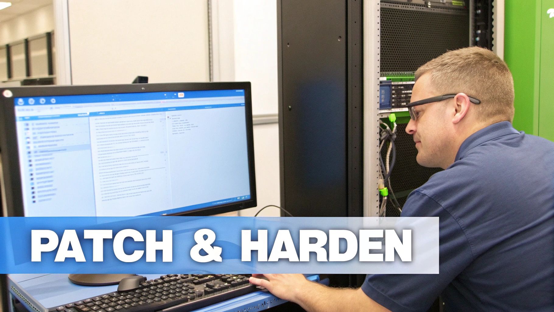 A man in glasses works on a computer with server racks, showing a 'PATCH & HARDEN' overlay.