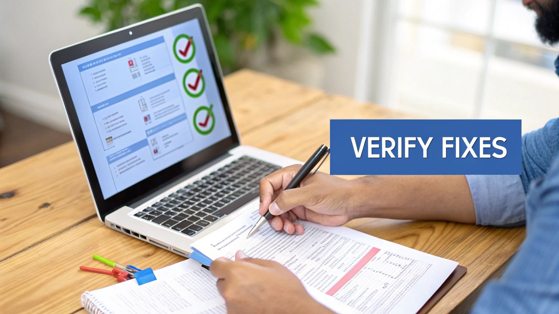 A person verifies fixes on documents with a pen while a laptop displays a checklist of completed items.
