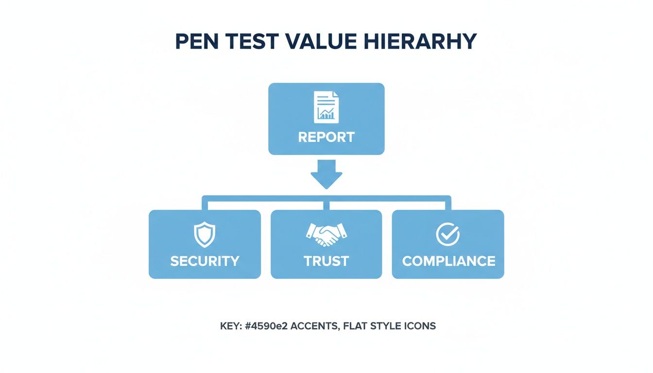 A hierarchy diagram titled 'Pen Test Value Hierarchy', showing a report leading to security, trust, and compliance.