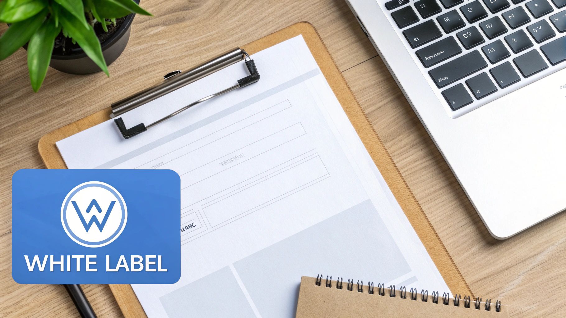 Overhead shot of a professional workspace featuring a white label form on a clipboard, a laptop, and a plant.
