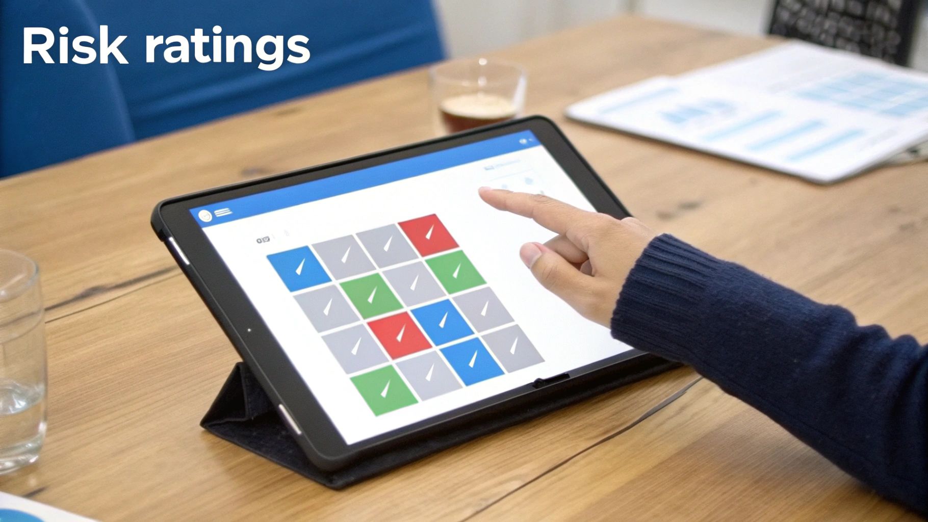 A person's hand taps a tablet displaying risk ratings with a grid of colored checkmark squares.