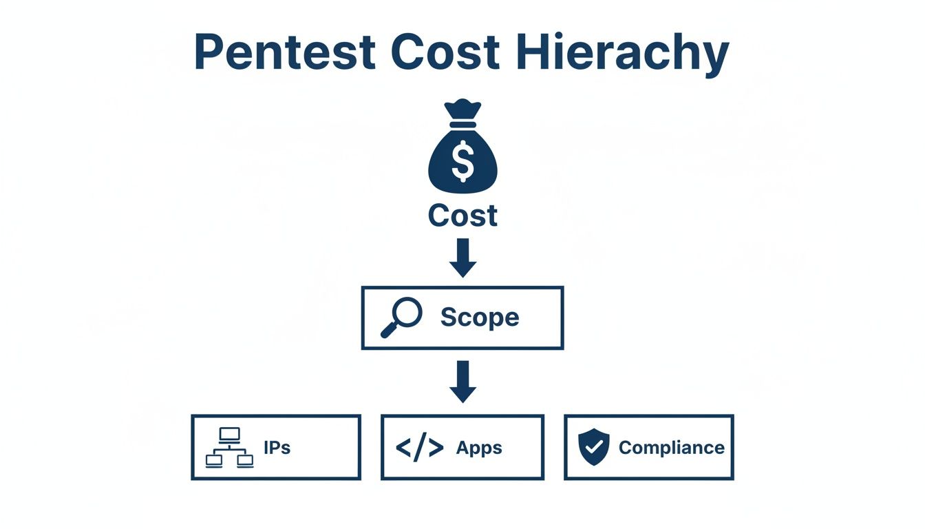 Hierarchy diagram showing Pentest Cost influenced by Scope, encompassing IPs, Apps, and Compliance.