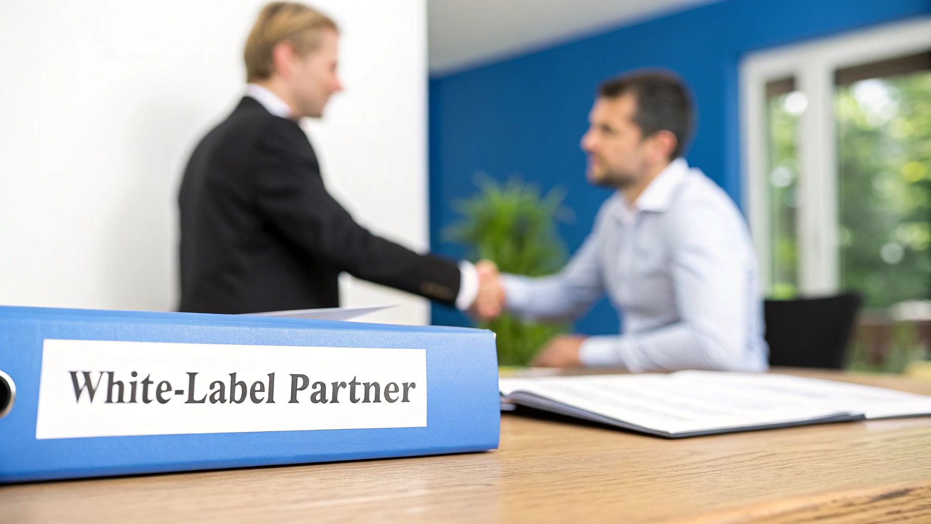 A blue binder labeled 'White-Label Partner' in the foreground, with two men shaking hands in the background.