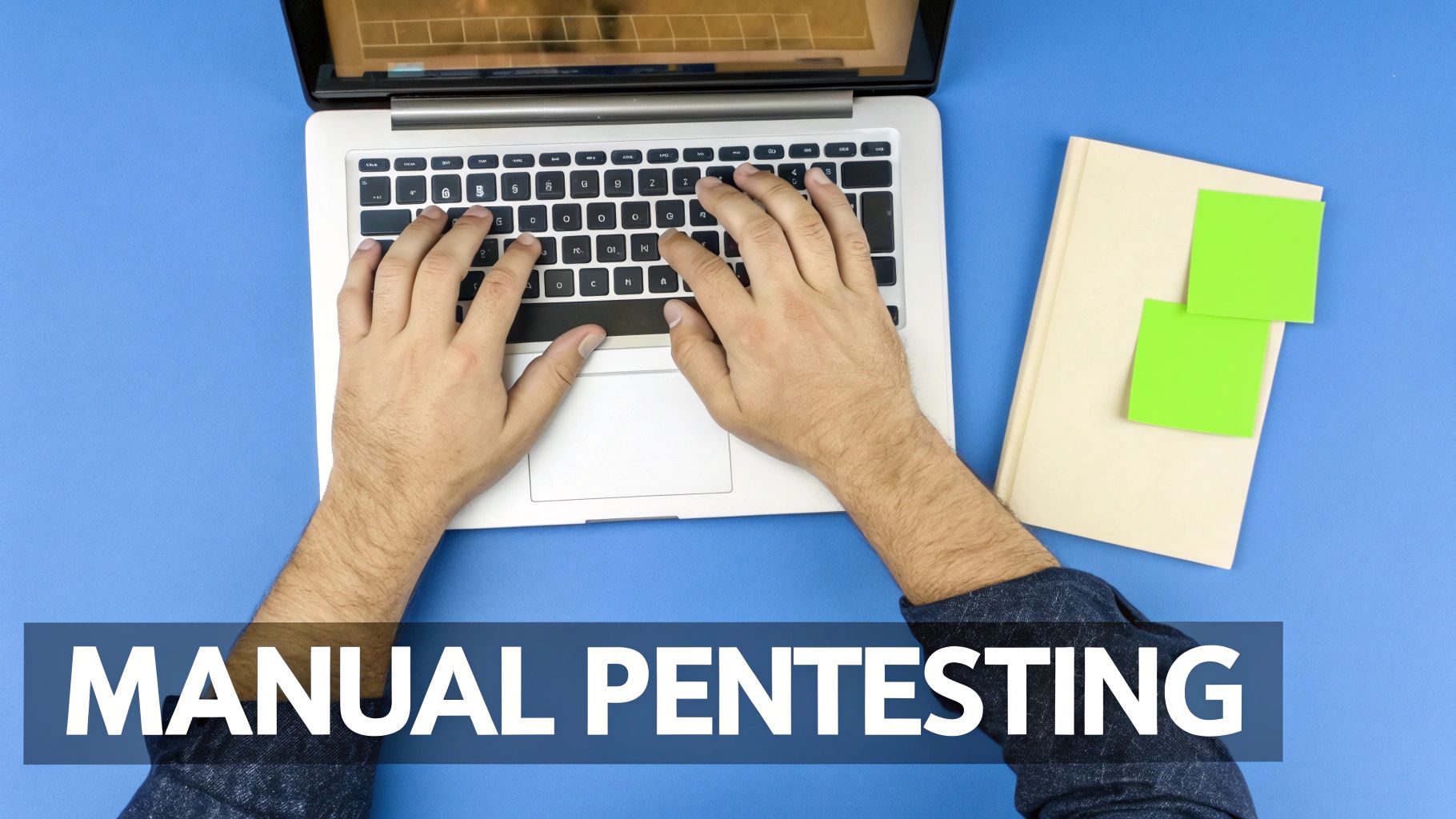 Overhead view of hands typing on a laptop next to a notebook with sticky notes, with the text 'MANUAL PENTESTING' on a blue background.