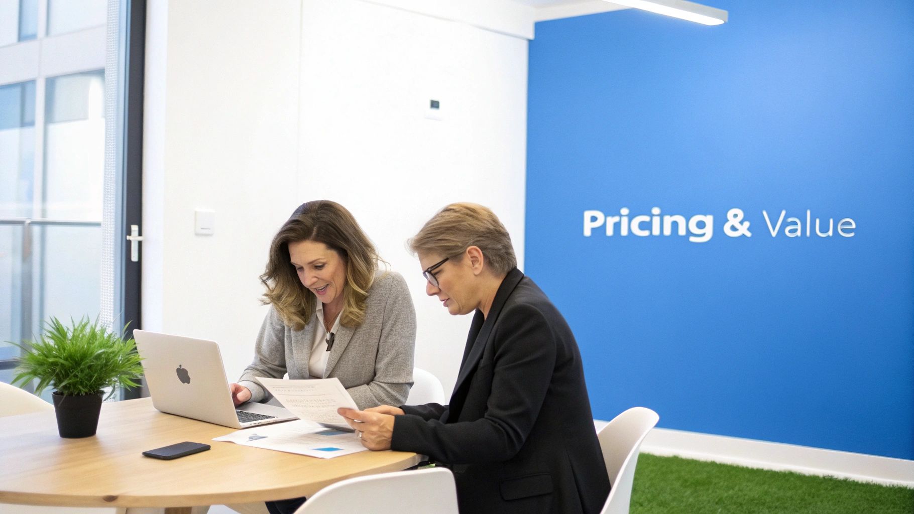 Two businesswomen collaborating at a table with a laptop and documents, a 'Pricing & Value' sign in the background.