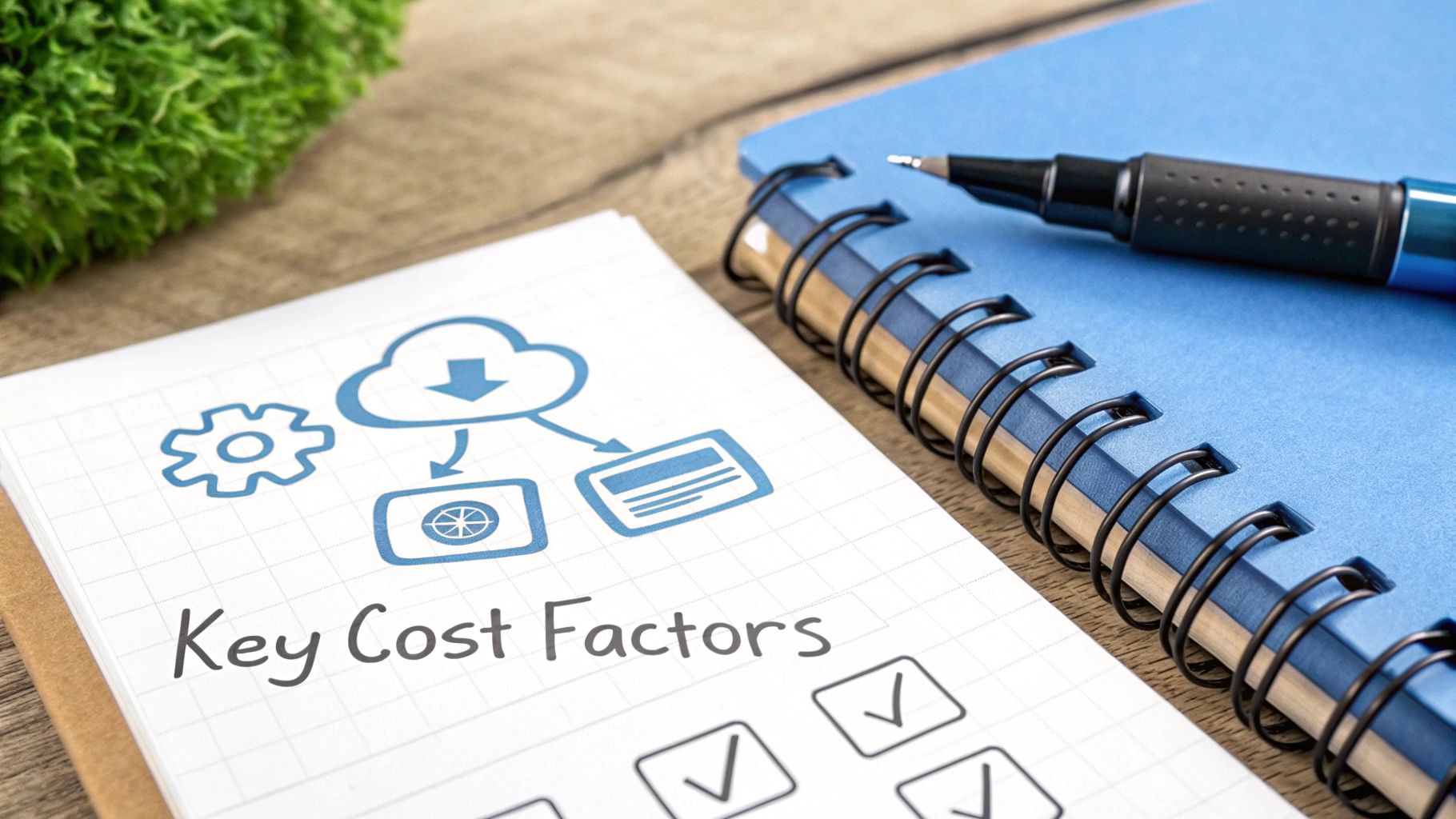 A notebook displaying 'Key Cost Factors' with cloud and data icons, next to a blue notepad and pen.