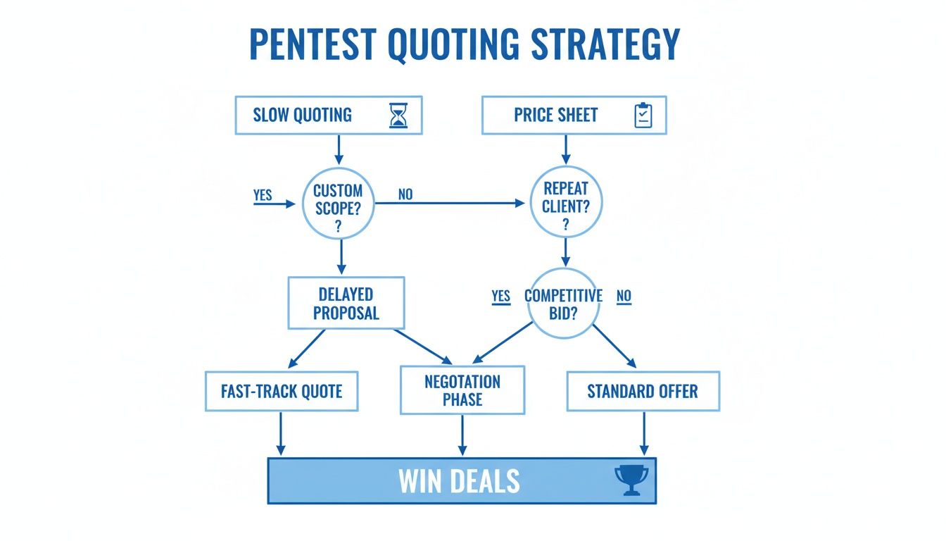 A flowchart detailing a penetration testing quoting strategy from initial inquiry to winning deals.