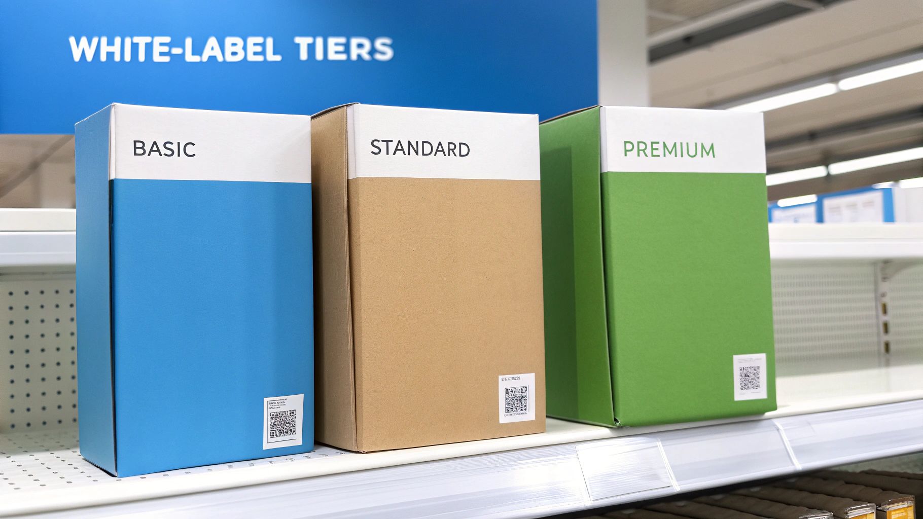 Three white-label product tier boxes: Basic (blue), Standard (brown), and Premium (green) on a store shelf.