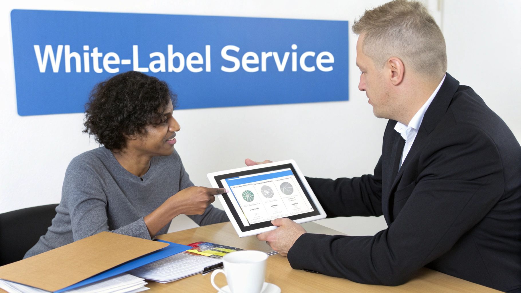 Two professionals discuss data on a tablet during a business meeting, with a "White-Label Service" sign in the background.
