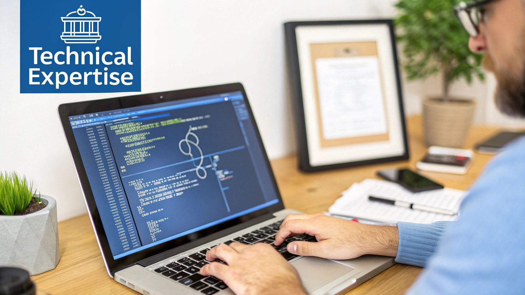 A person with glasses typing on a laptop, displaying code and 'Technical Expertise' text.