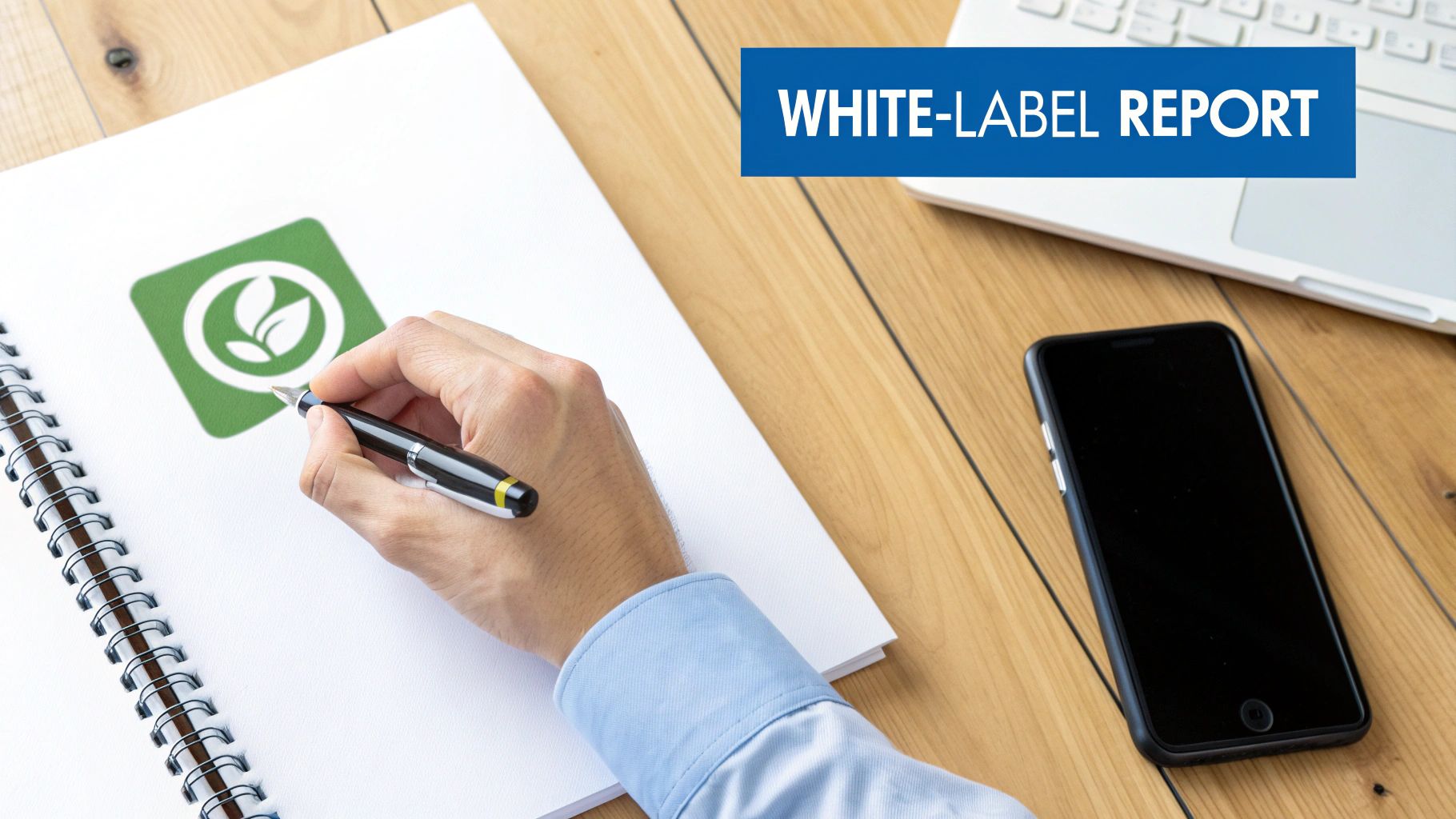 A hand writes in a notebook with a leaf logo, next to a smartphone and a 'WHITE-LABEL REPORT' banner.