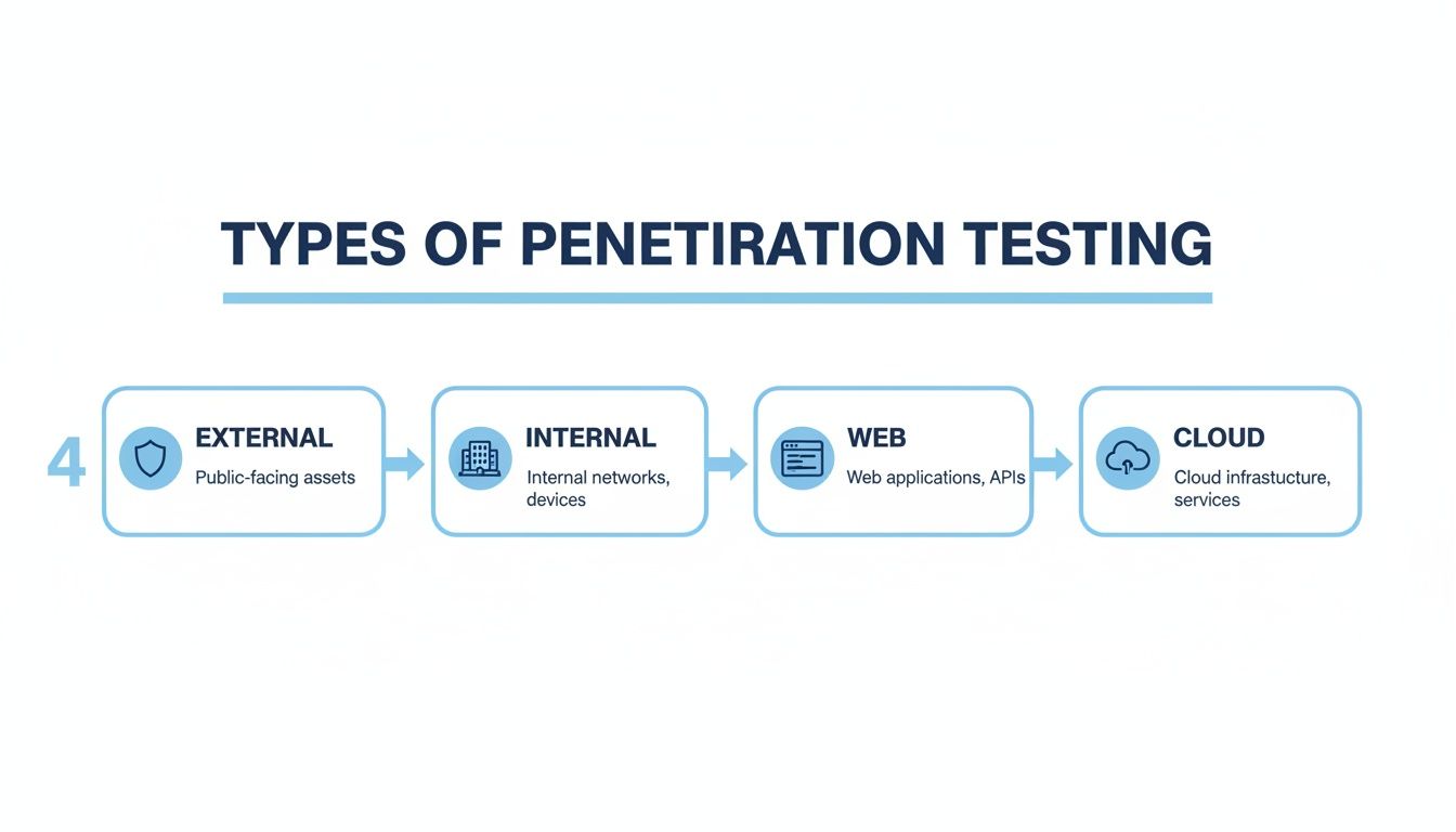 Diagram illustrating four types of penetration testing: external, internal, web, and cloud.