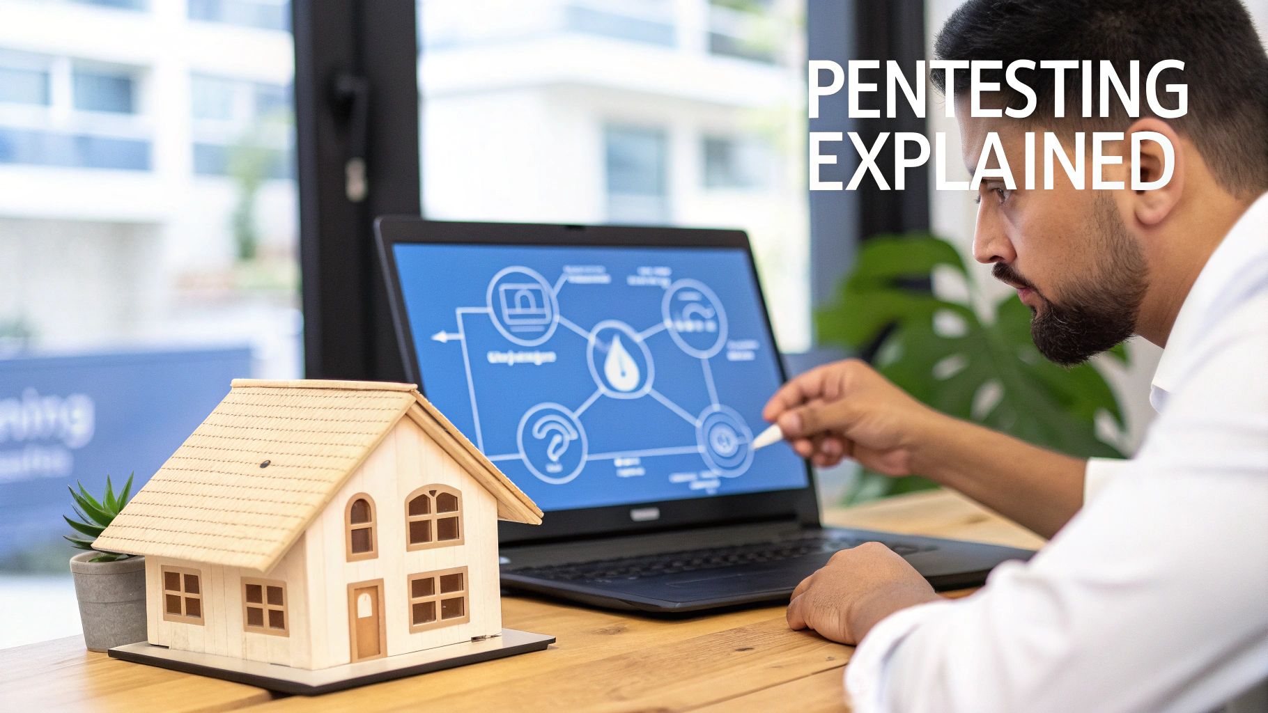 A man explains pentesting using a laptop with a diagram, a model house, and a plant on a wooden desk.