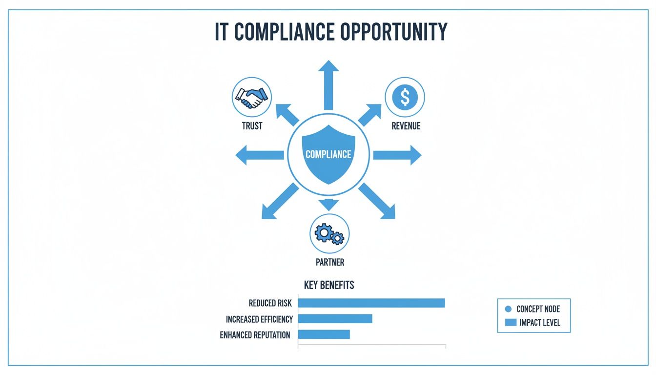 Infographic illustrating IT compliance opportunities driving trust, revenue, and partnerships, with key benefits like reduced risk and increased efficiency.