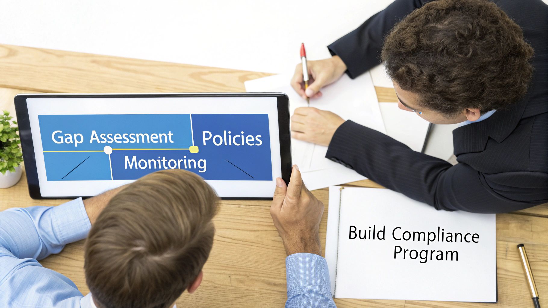 Two people discuss compliance program steps, including gap assessment, policies, and monitoring, displayed on a tablet.