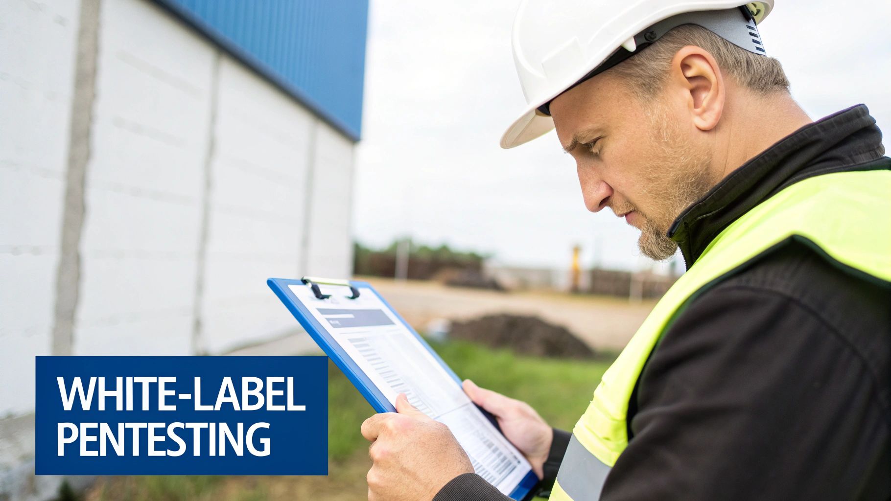 A man in a hard hat and safety vest reviews documents on a clipboard. Text: WHITE-LABEL PENTESTING.