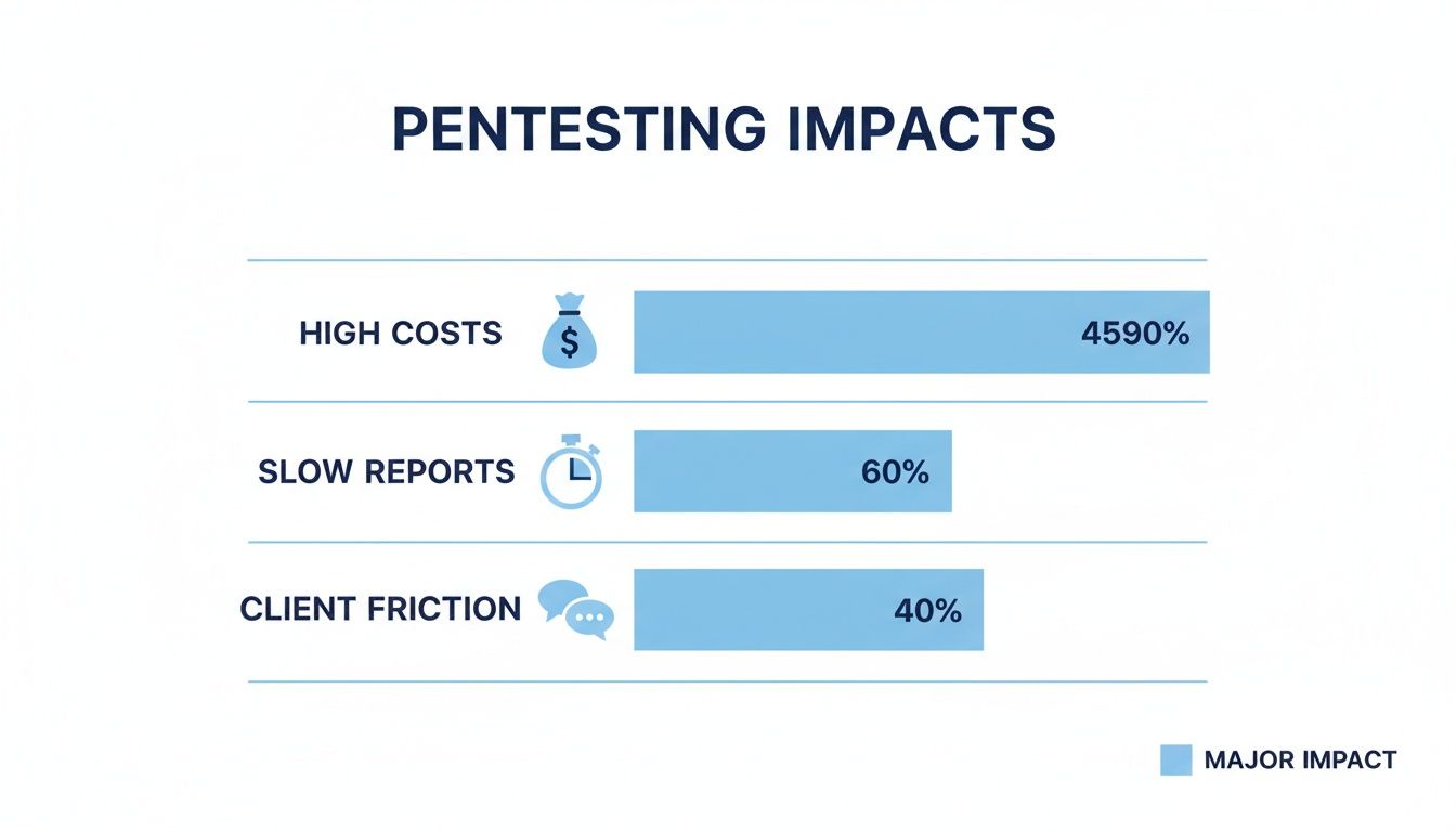 Bar chart showing pentesting impacts: high costs (4590%), slow reports (60%), and client friction (40%).