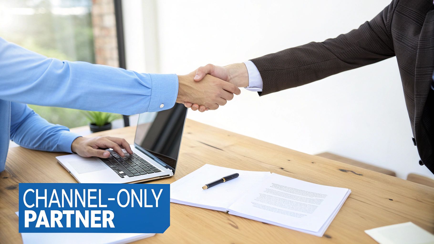 Two business partners shake hands over a wooden desk with a laptop and documents, symbolizing a channel-only partnership.