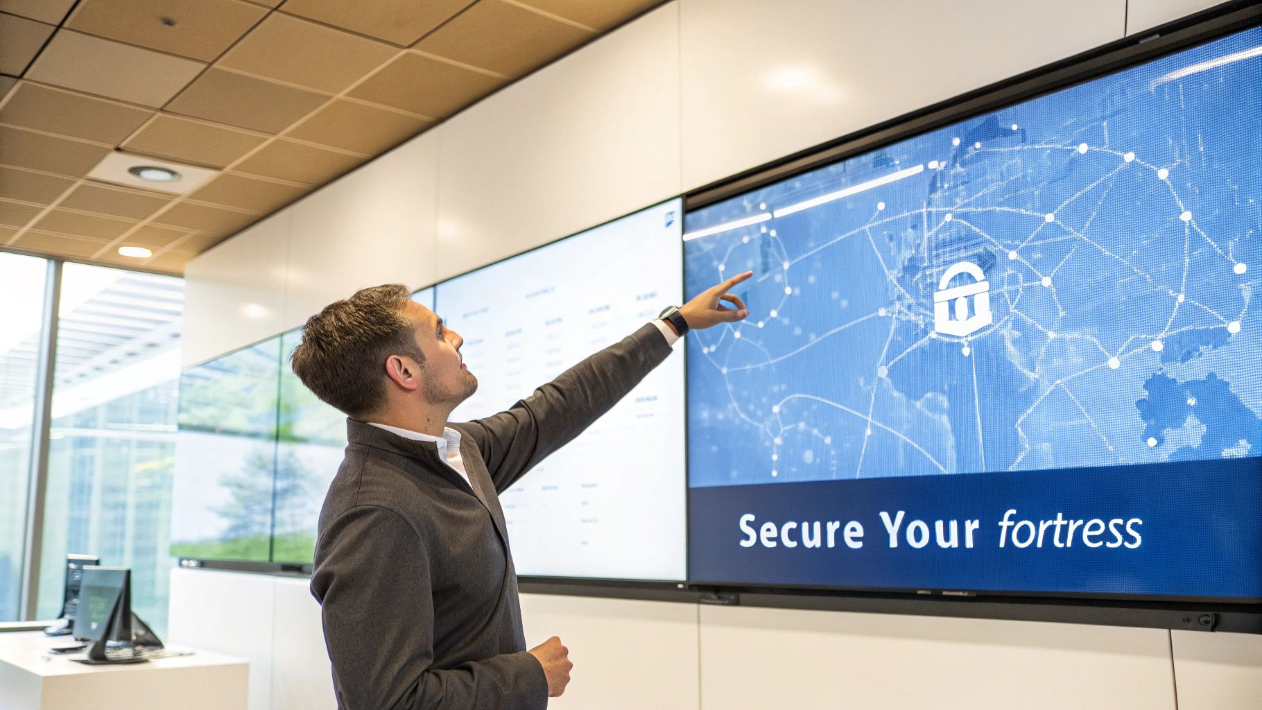 A man in a suit points at a large digital screen displaying a global network and a padlock icon, with text 'Secure Your fortress'.