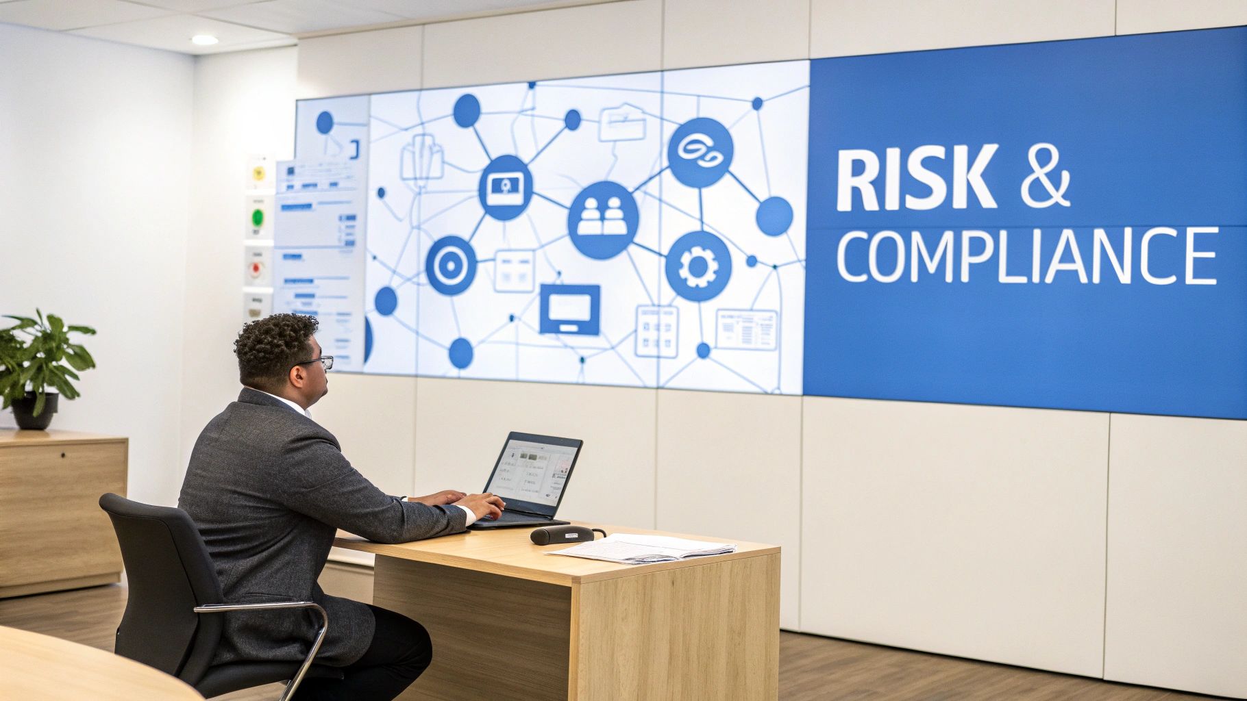 Man works on laptop in an office facing a large screen displaying 'Risk & Compliance' and a network diagram.