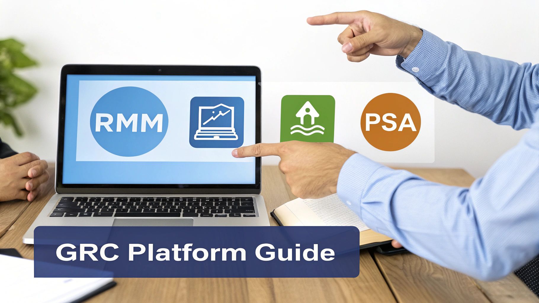 Hands pointing at a laptop screen displaying RMM and GRC Platform Guide, with PSA icon.