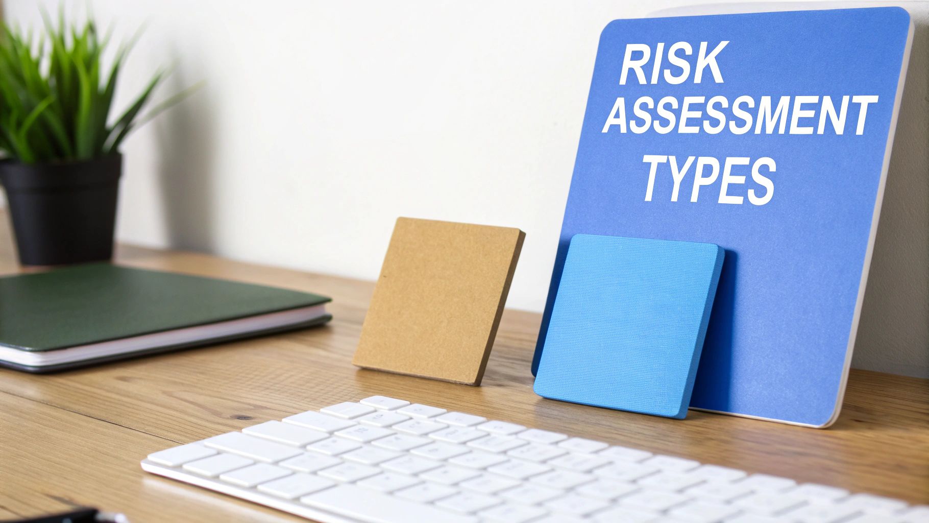 A blue sign on a wooden desk displays 'RISK ASSESSMENT TYPES' next to a notebook and keyboard.