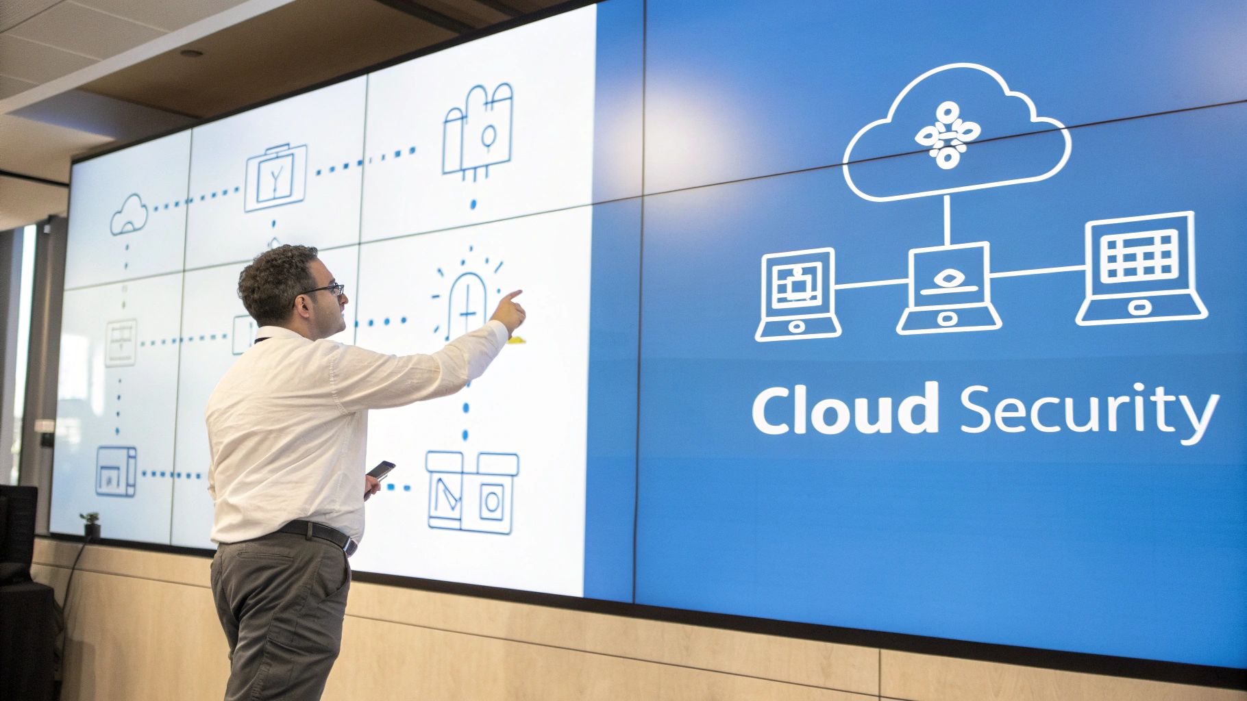 A man points at a large screen displaying cloud security diagrams and technology icons.