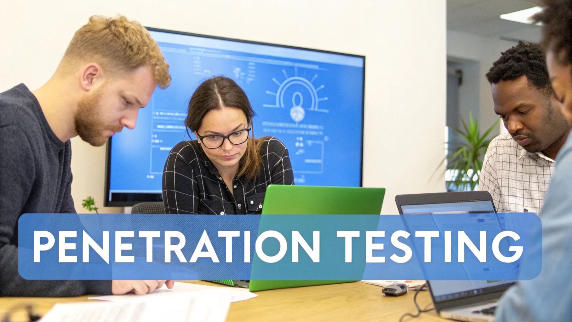 A diverse group of cybersecurity professionals collaborates on penetration testing projects in an office.