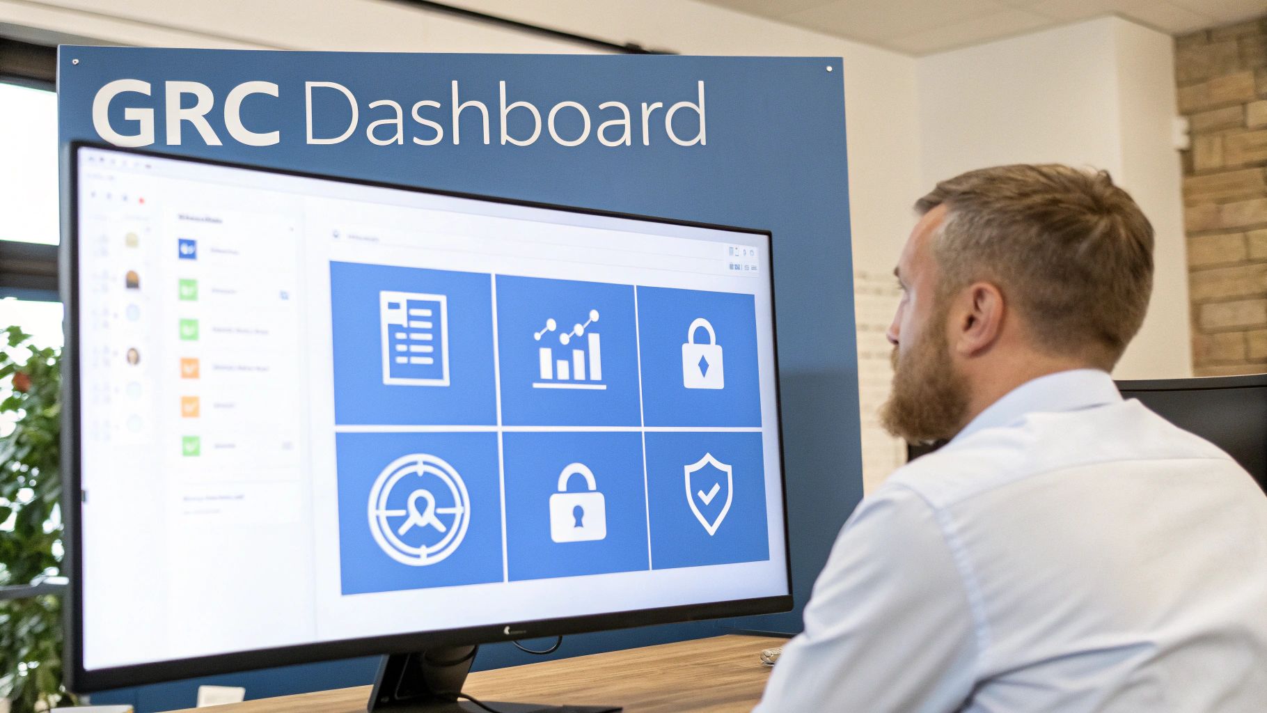 A bearded man reviews a GRC Dashboard on a computer screen with icons for data, security, and risk.
